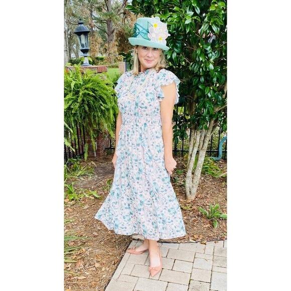 SHOSHANNA Pink Floral Hourglass Flutter Sleeves Ruffled Triana Midi Dress Size 2 - Picture 1 of 13